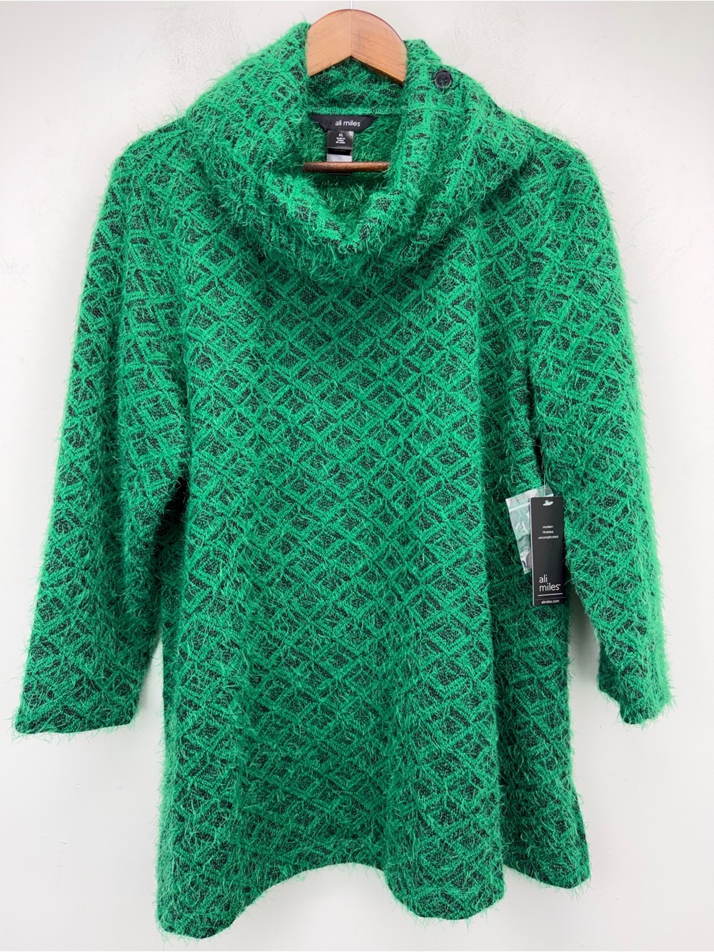Ali Miles size XL Women’s Green Black 3/4 Sleeve Cowl Neck Sweater Tunic NWT